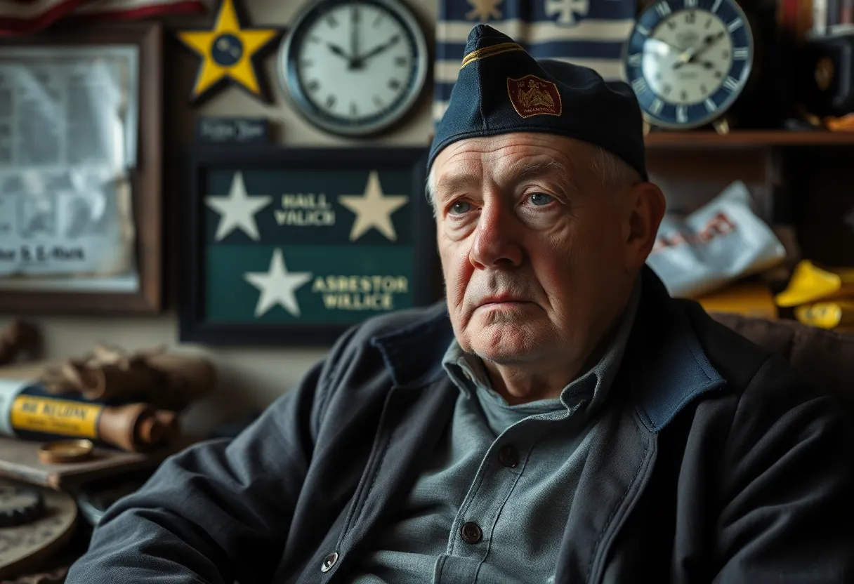 A veteran in uniform worried about mesothelioma risks from asbestos exposure.