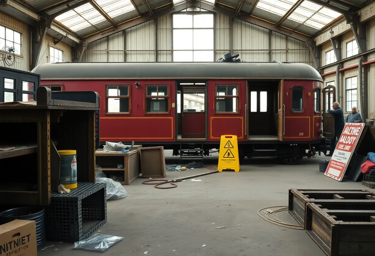 Restoration site of a vintage railway carriage showing exposed materials and safety warning signs.