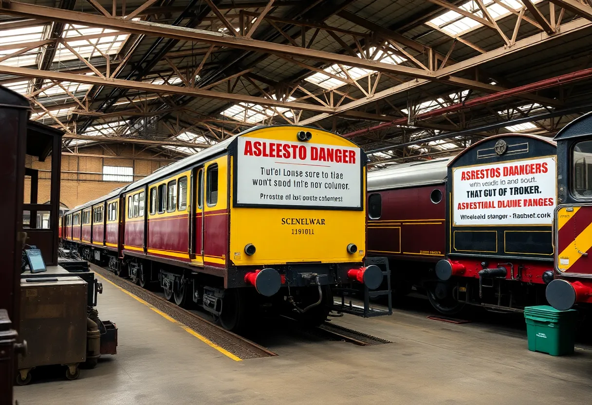 A vintage railway workshop emphasizing asbestos safety measures