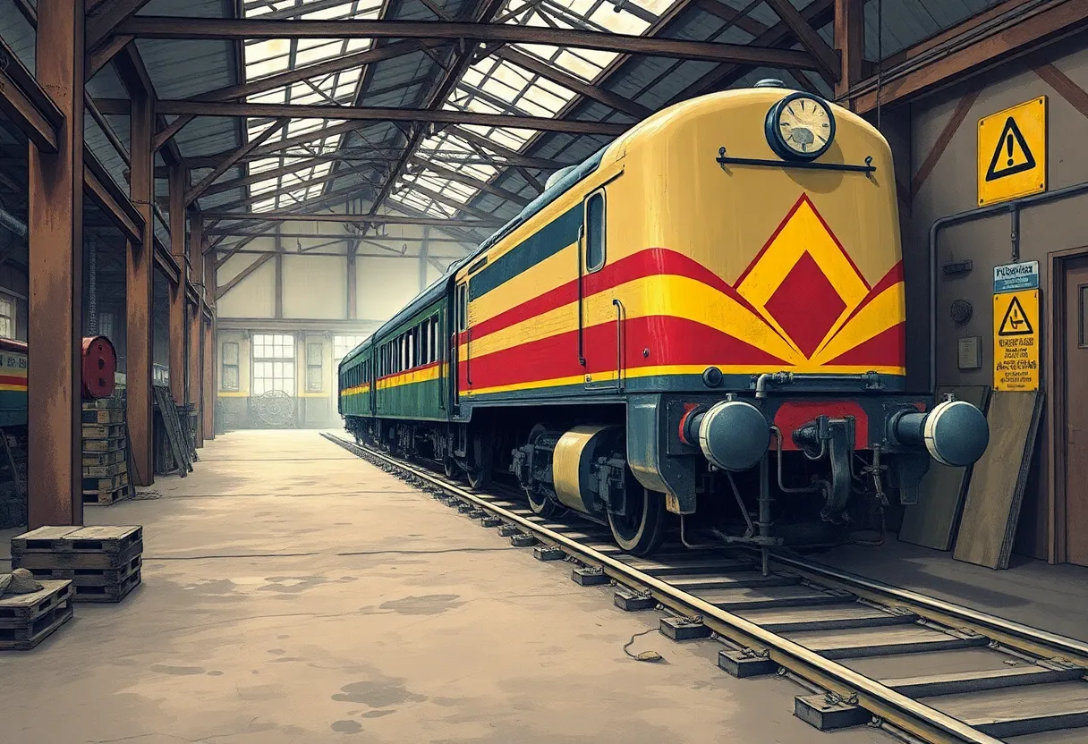 Vintage railway workshop with asbestos warning signs