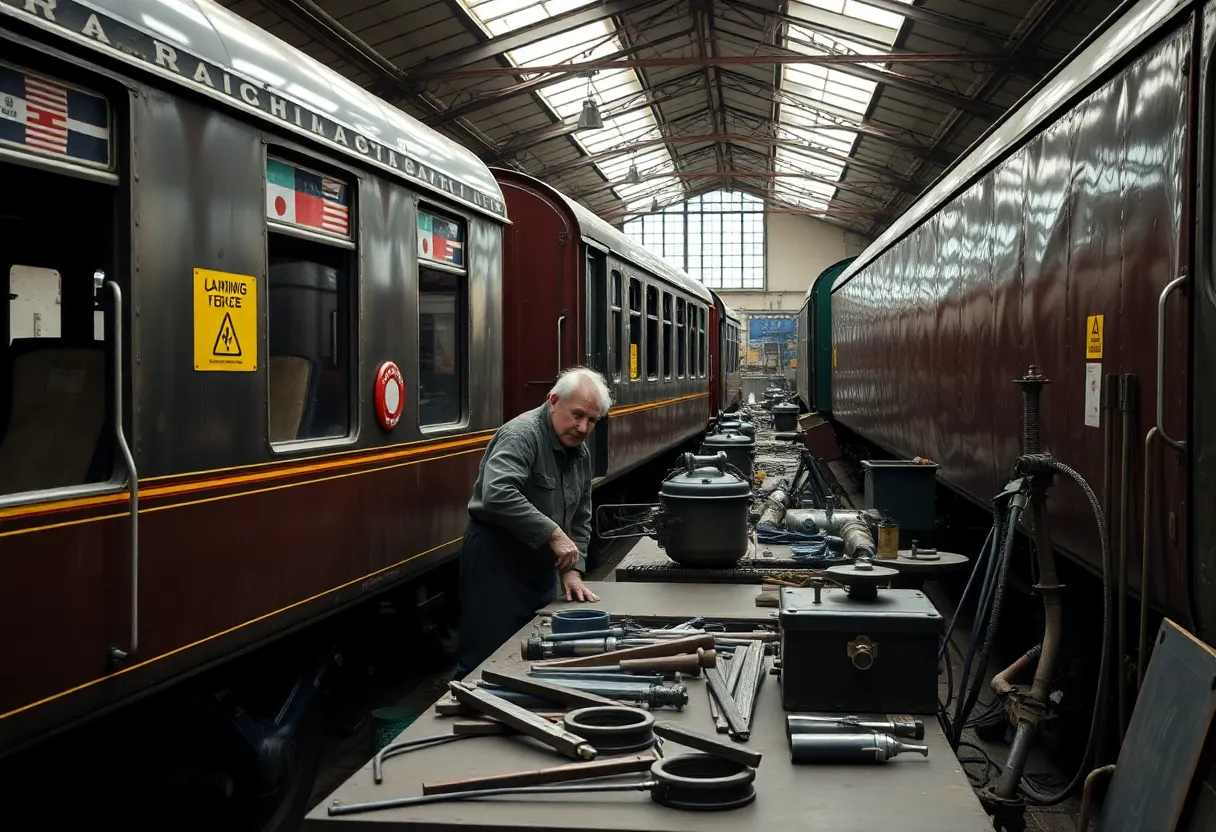 Vintage train engineer working on a carriage with asbestos exposure warnings