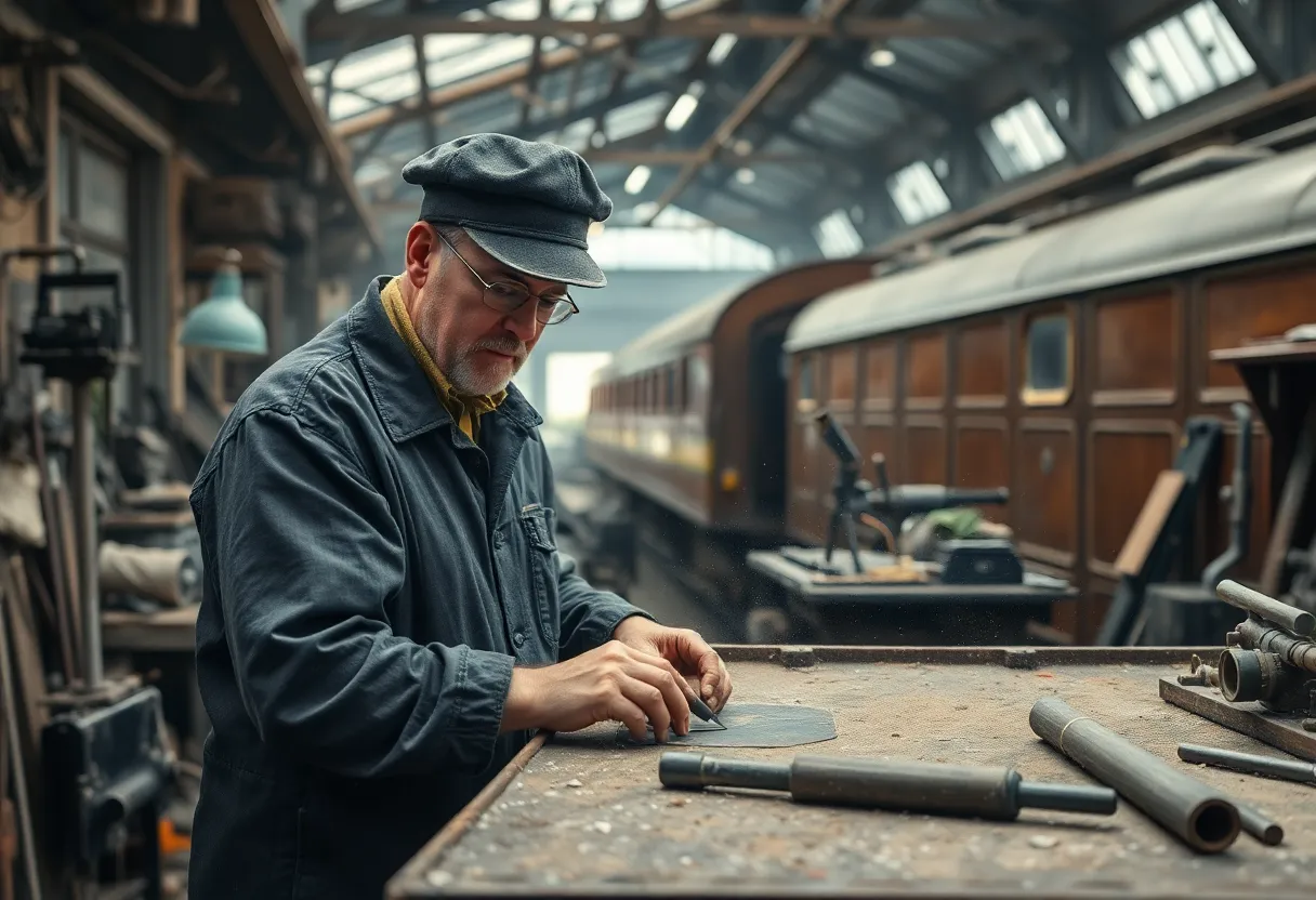 Vintage train engineer restoring historical train carriages