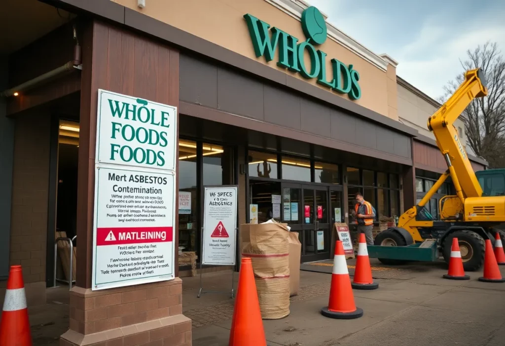 Whole Foods Greensboro store with asbestos contamination signs and construction equipment