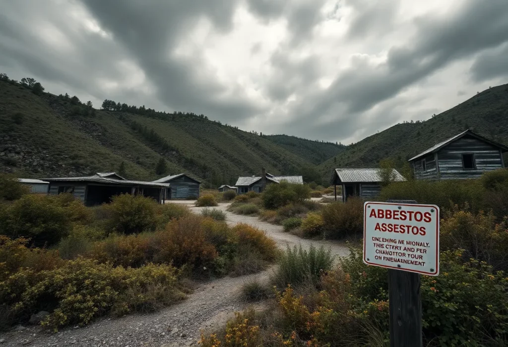 Deserted buildings of Wittenoom with warning signs about asbestos