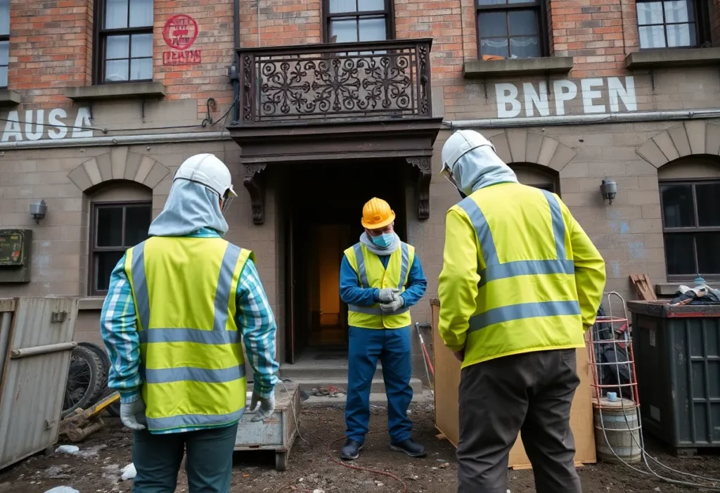 Workers in safety gear conducting asbestos abatement at Fairmont Southampton hotel.
