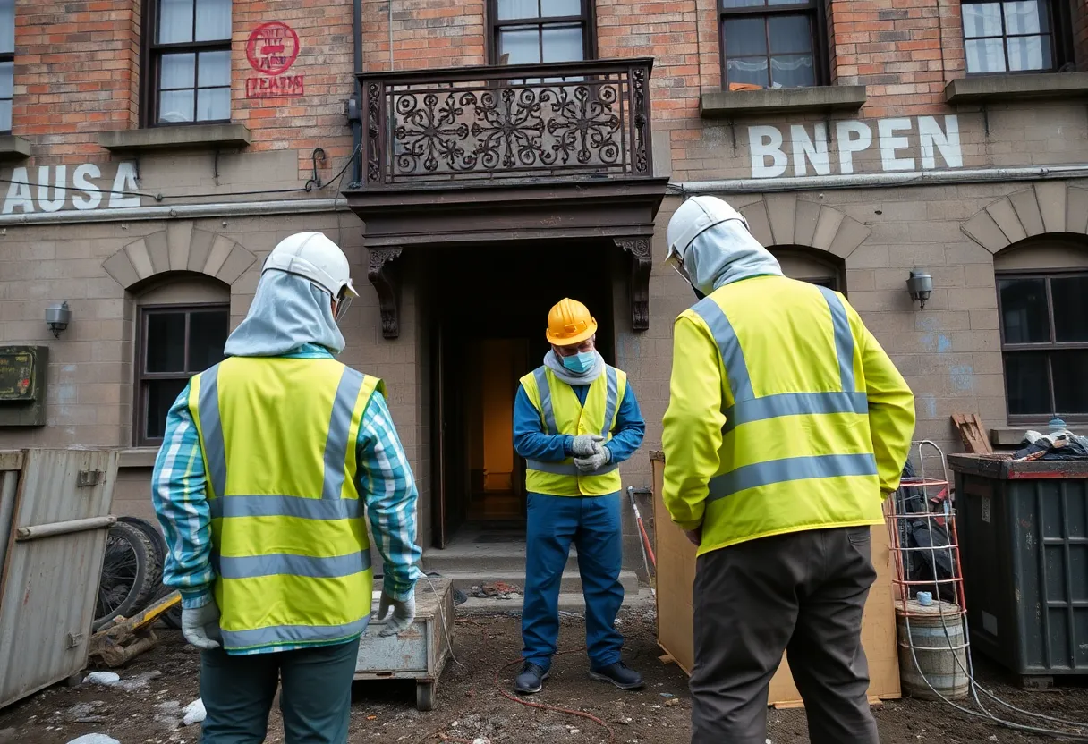 Workers in safety gear conducting asbestos abatement at Fairmont Southampton hotel.
