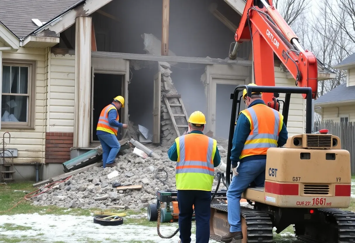 Workers conducting asbestos abatement and demolition in Scioto County