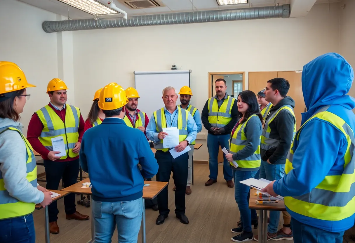 Participants in an asbestos abatement training class learning safety guidelines.