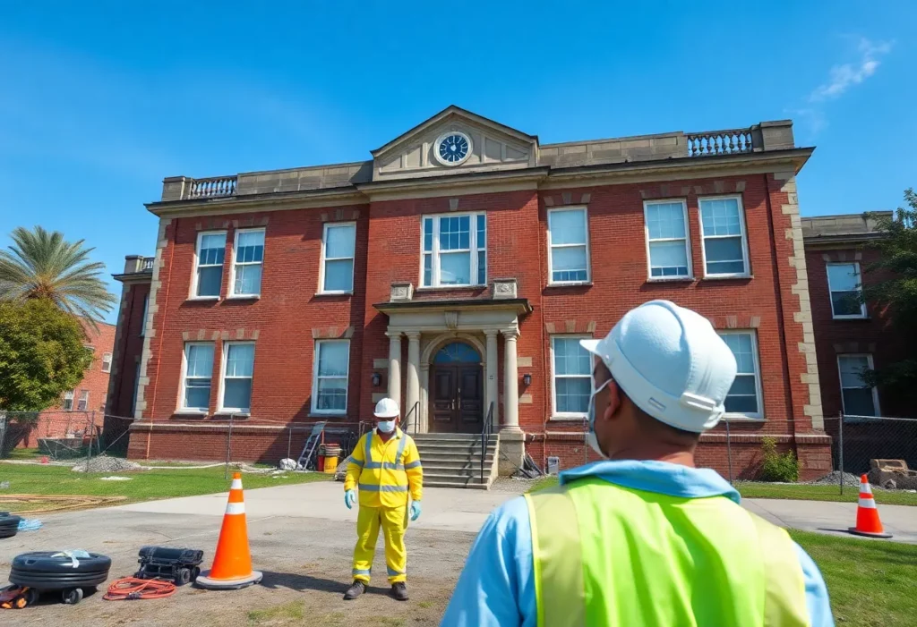 Workers conducting asbestos abatement at Clay School building