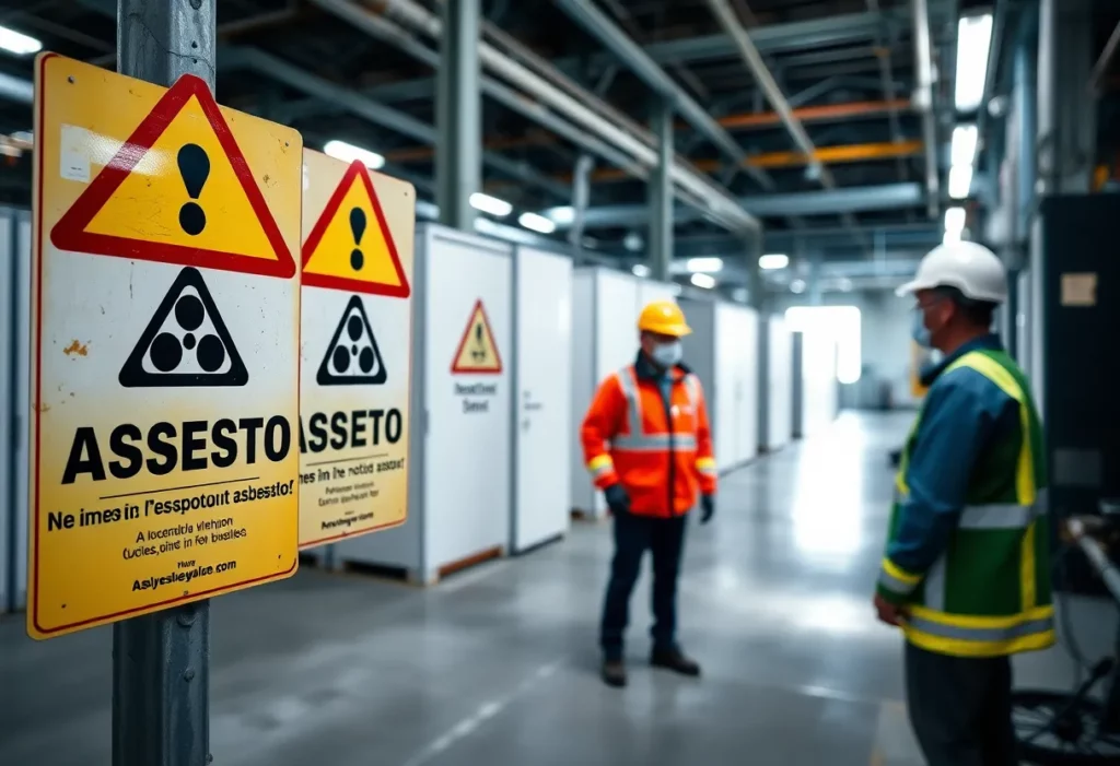 Workers wearing protective gear in an industrial site with asbestos warning signs