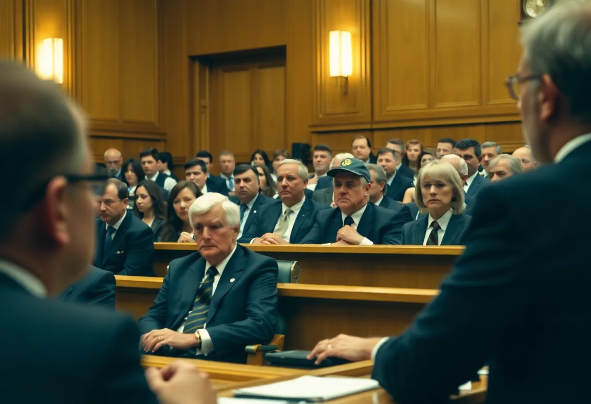 Courtroom scene during the asbestos case trial
