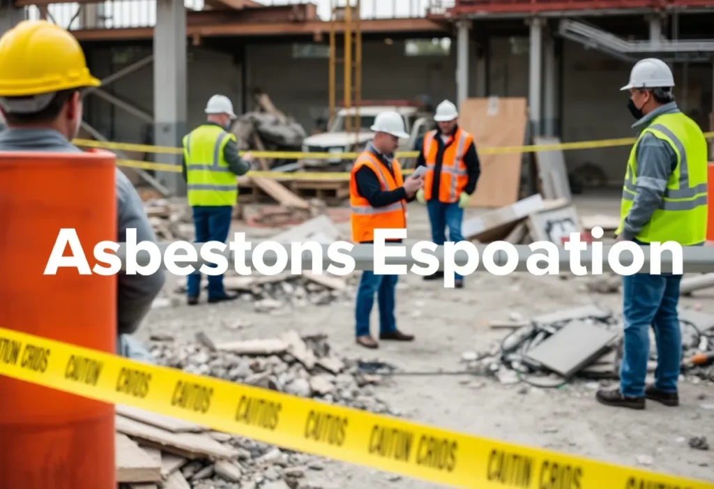 Workers at a construction site taking precautions against asbestos exposure.