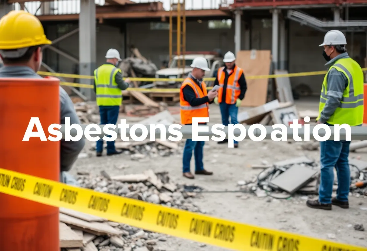 Workers at a construction site taking precautions against asbestos exposure.