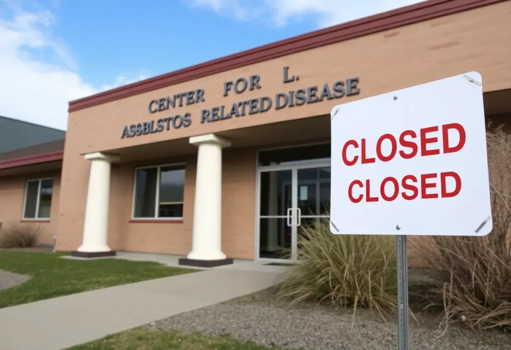 The Center for Asbestos Related Disease in Libby, Montana, with a closure sign outside.