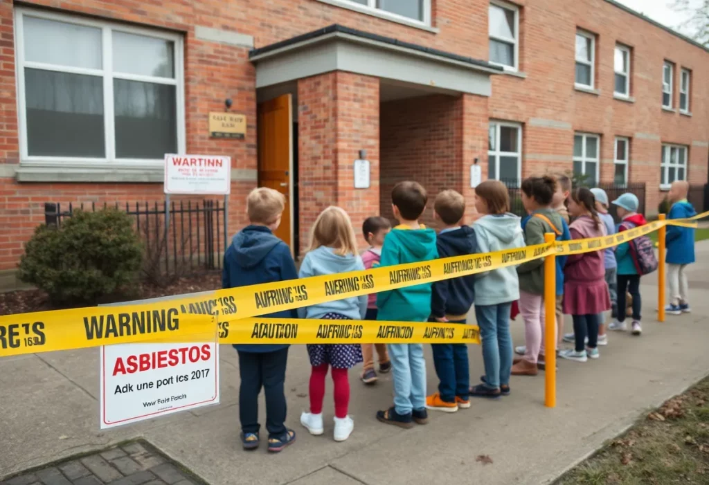 Children standing outside a school with asbestos warnings