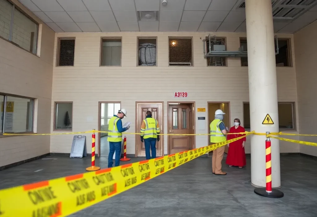 Warning signs for asbestos contamination at a county office building.