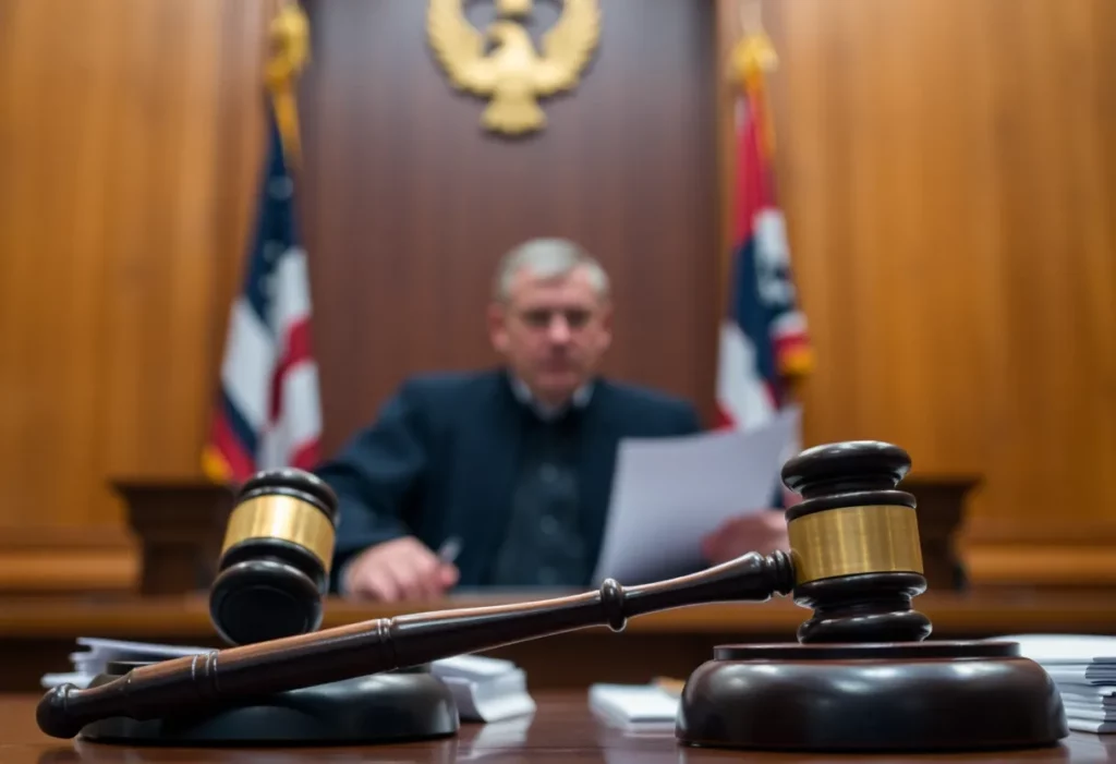 Courtroom scene depicting a judge and legal proceedings in an asbestos corruption case.