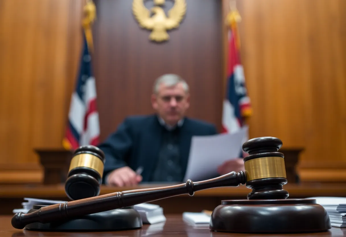 Courtroom scene depicting a judge and legal proceedings in an asbestos corruption case.