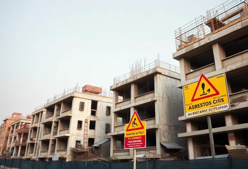 An urban construction site in Pakistan with warning signs about asbestos risks.