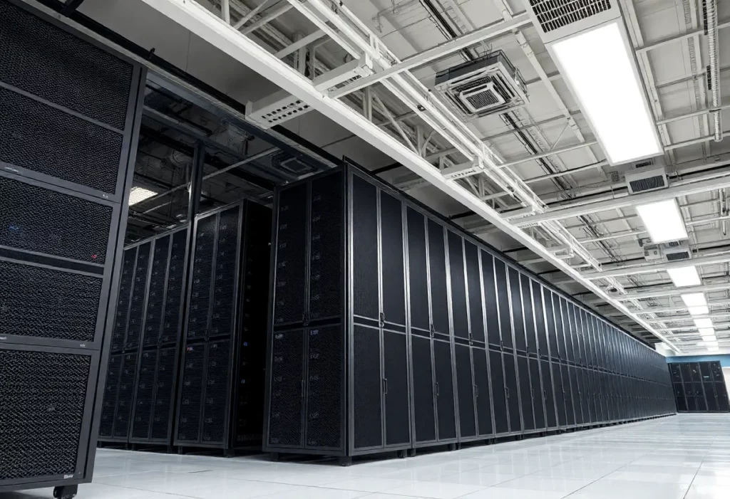 Interior of a data center showing raised floors and ceilings, indicative of potential asbestos hazards.