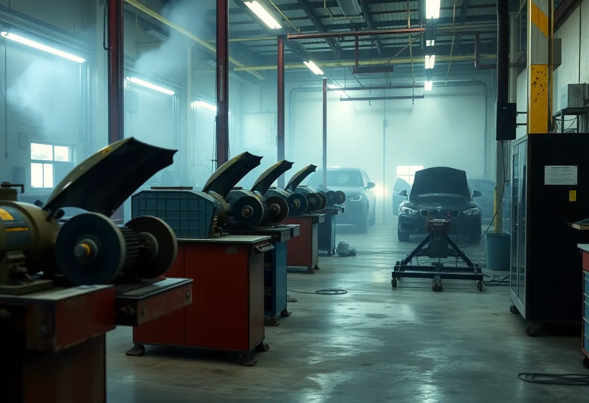 Brake grinding machine in an auto shop with visible dust