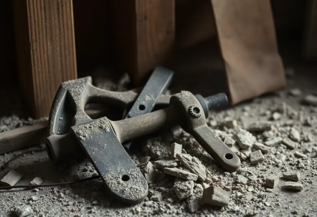 Old carpenter tools in a dusty workshop, representing asbestos exposure risks.