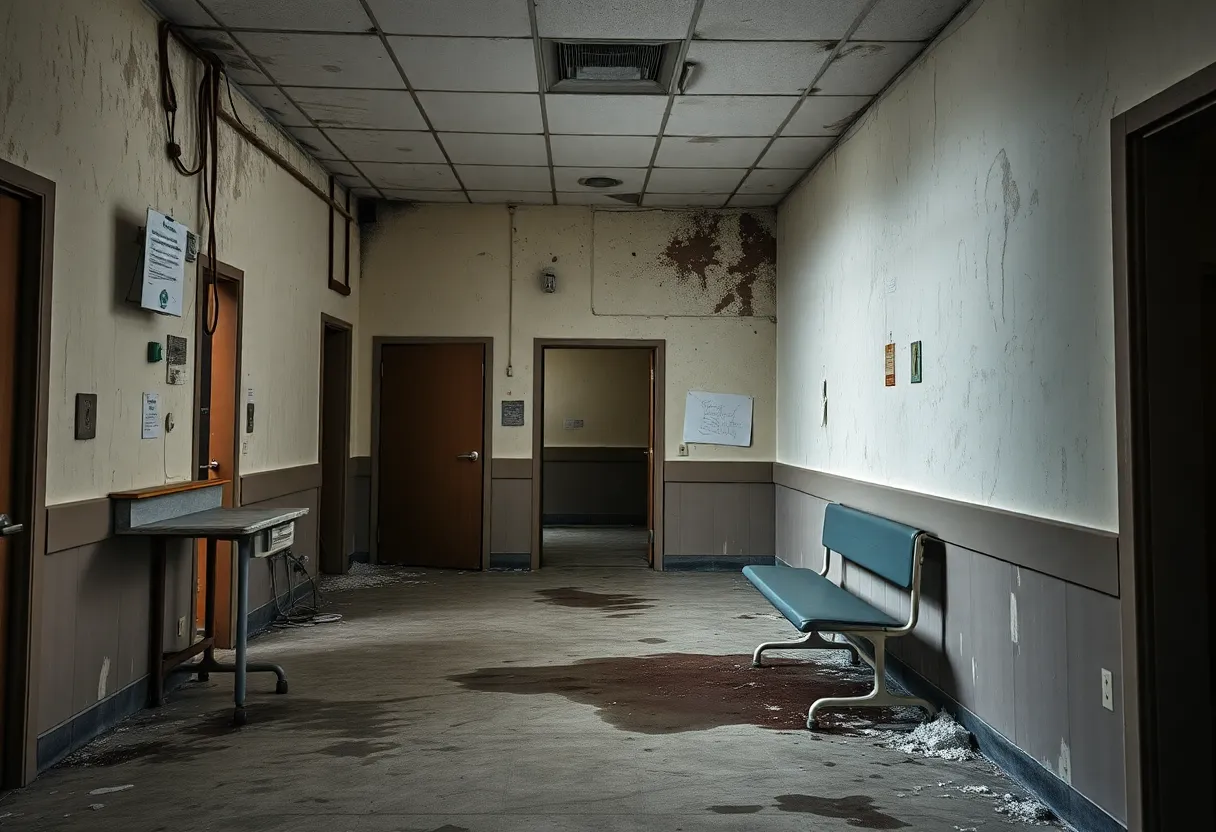 Healthcare facility showing structural wear, highlighting asbestos risks.