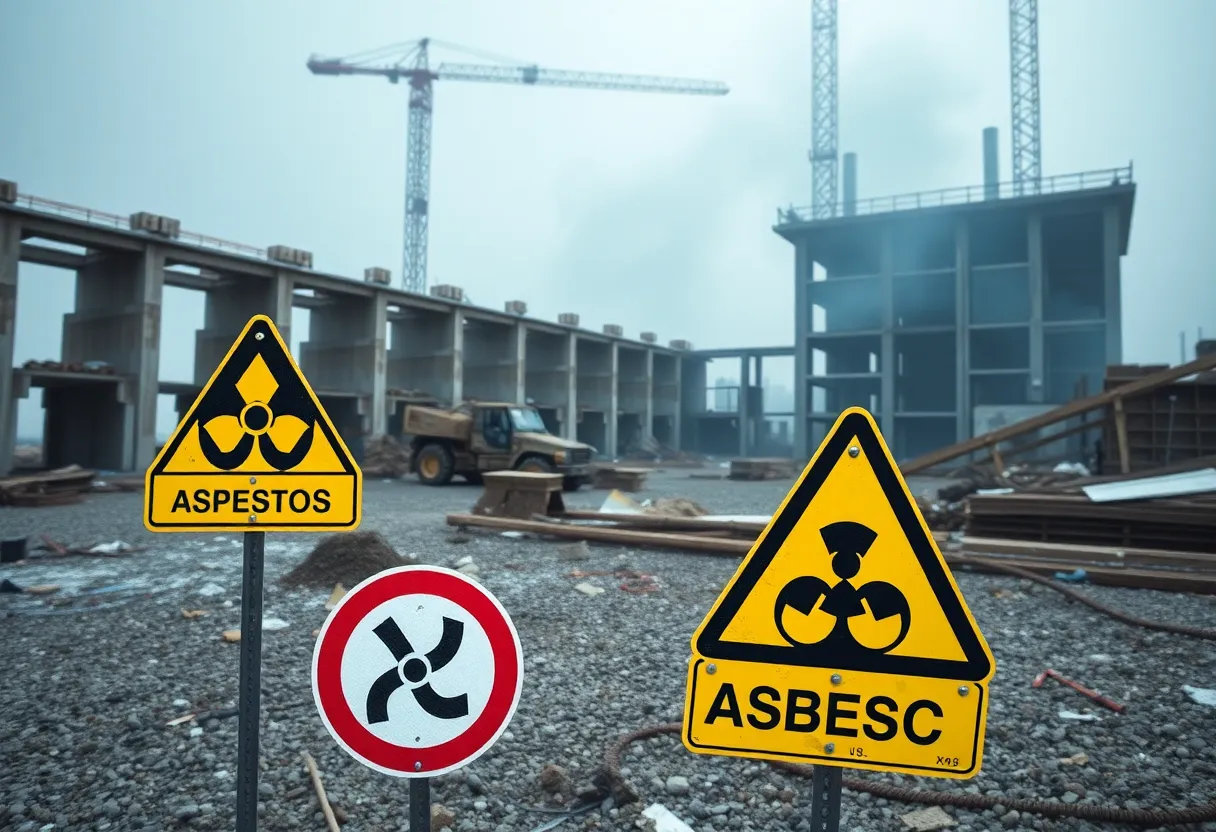 Construction site showcasing asbestos materials with warning signs