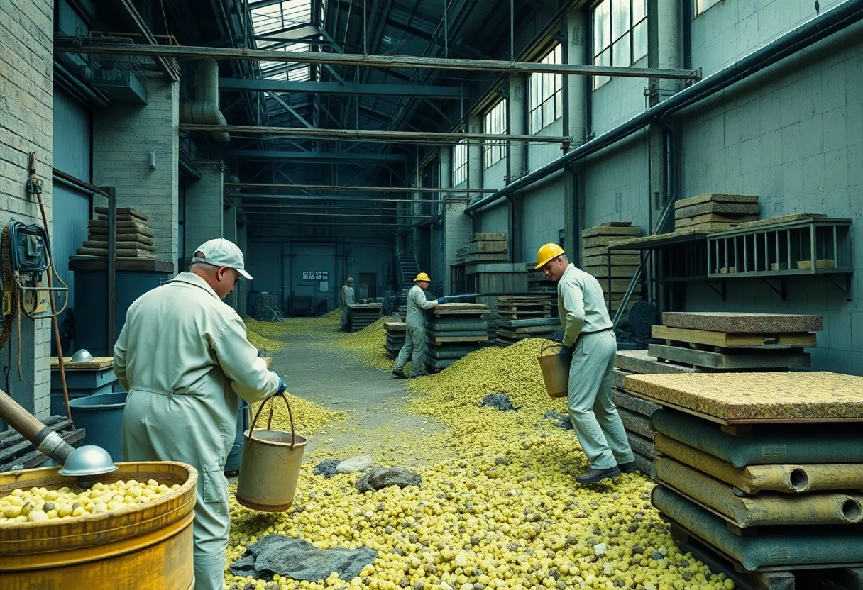 Workers handling hazardous materials in an industrial setting