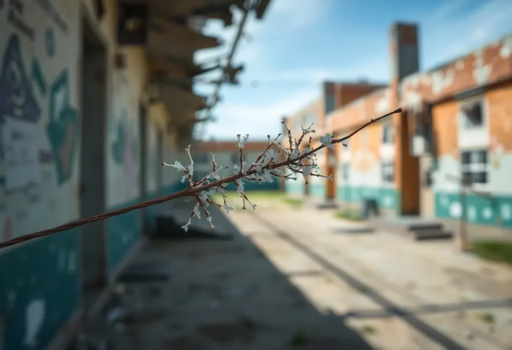Close-up of asbestos fibers with a school building in the background