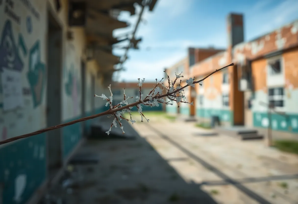Close-up of asbestos fibers with a school building in the background