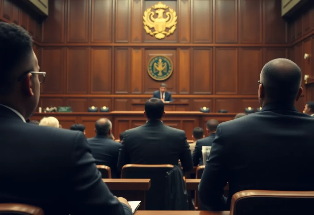 A courtroom hearing depicting lawyers and a judge during the asbestos fraud case involving Ace Magashule.