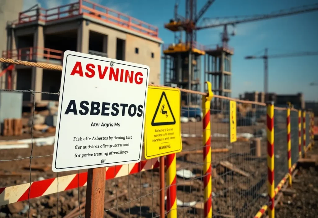 Warning sign for asbestos hazards at a construction site