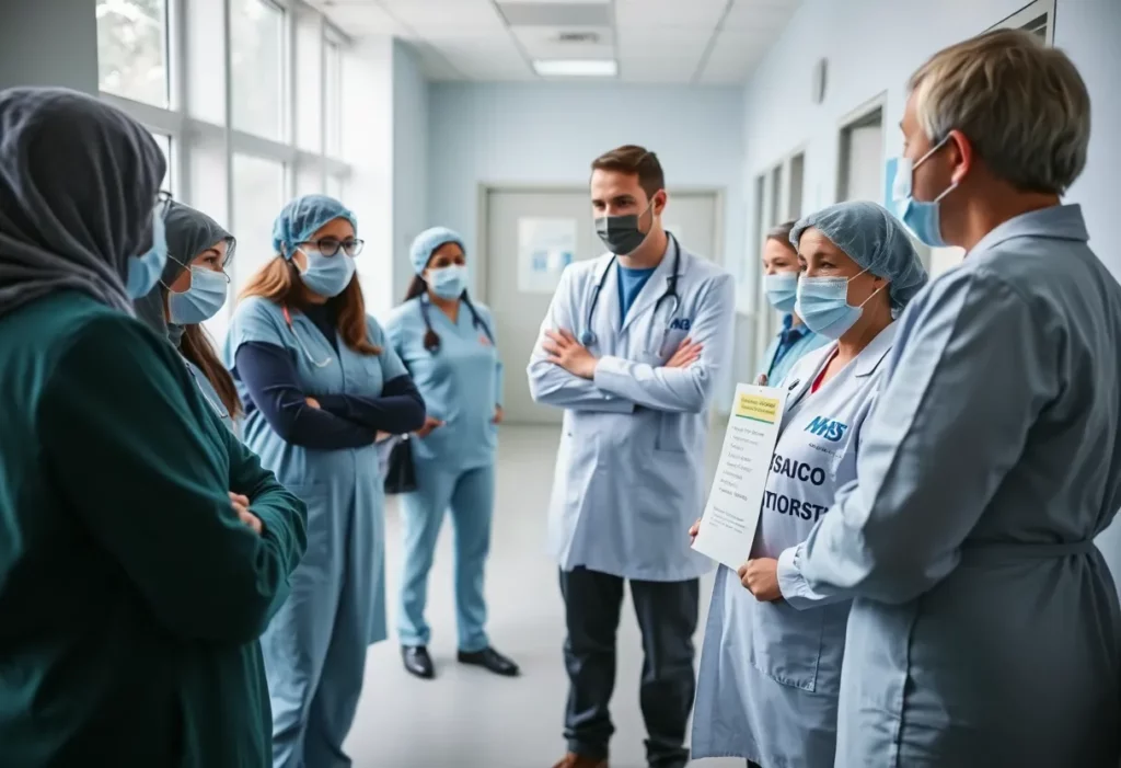Healthcare workers discussing asbestos legislation concerns in an NHS building.