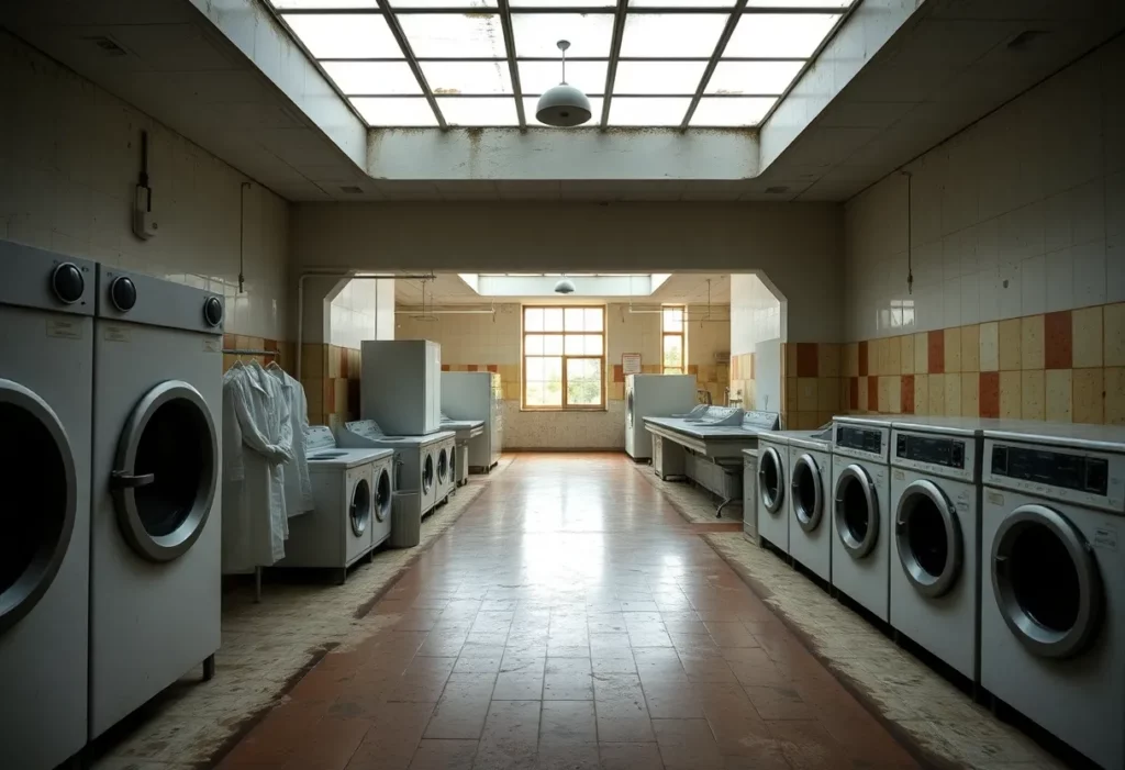 Historic naval hospital showing laundry areas and uniforms that may be affected by asbestos exposure.
