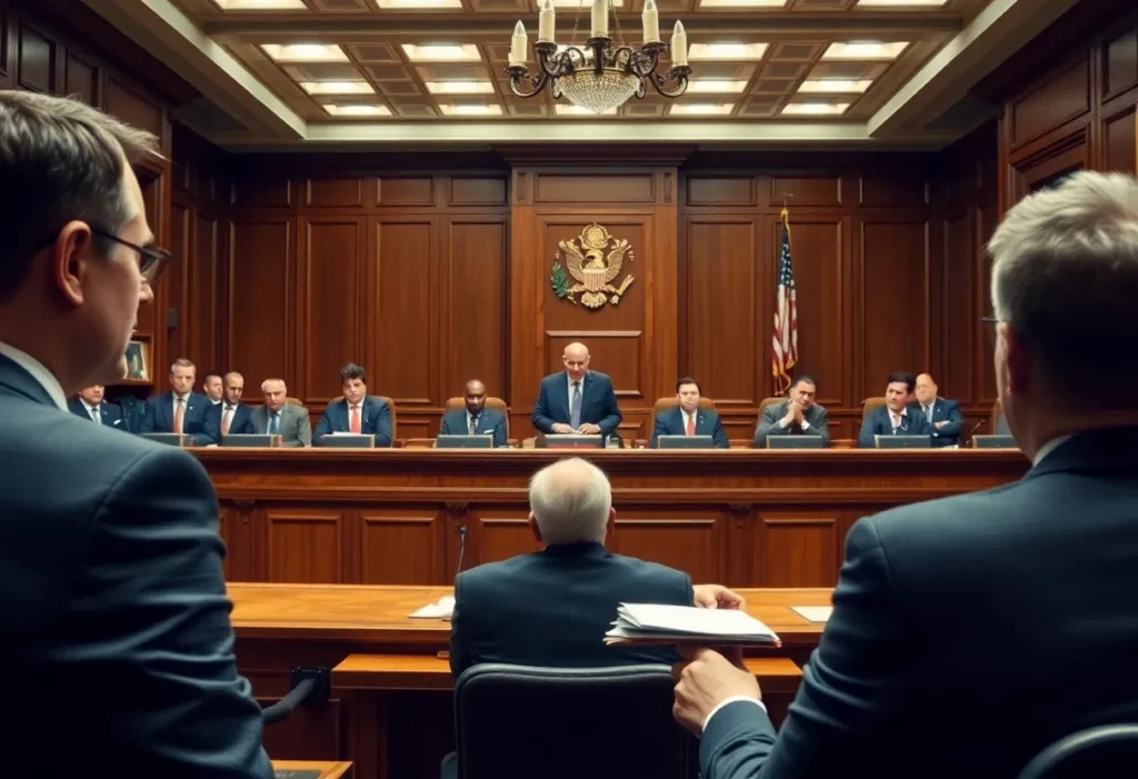 A courtroom scene depicting the legal battle involving asbestos removal.