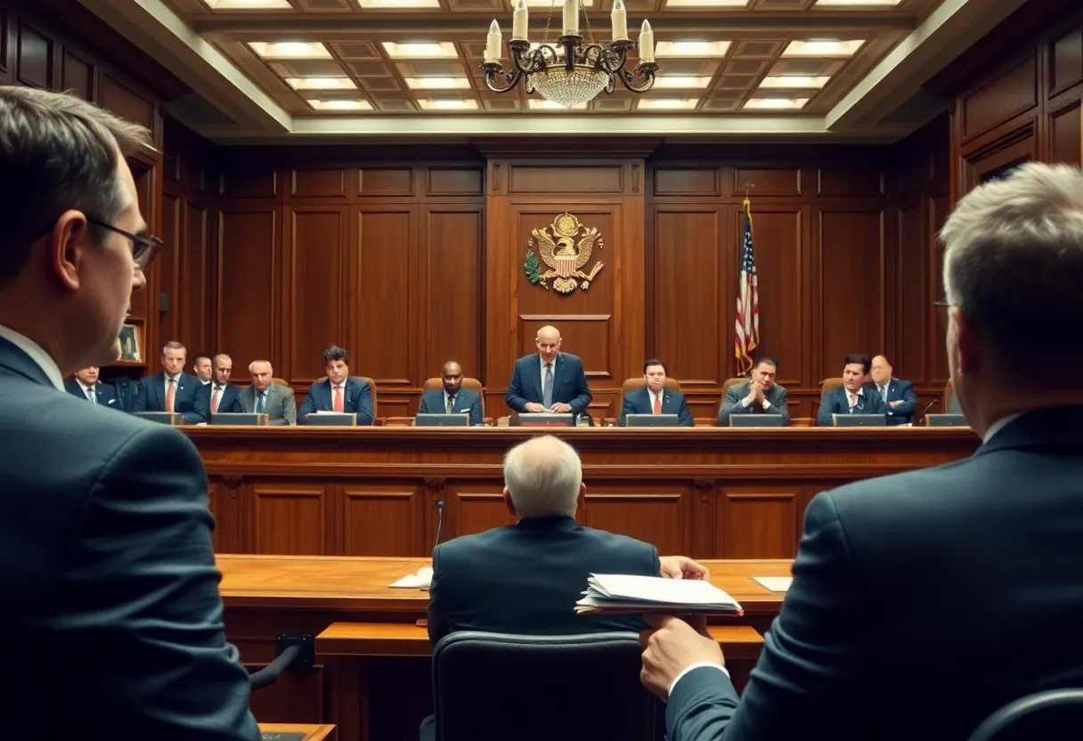 A courtroom scene depicting the legal battle involving asbestos removal.