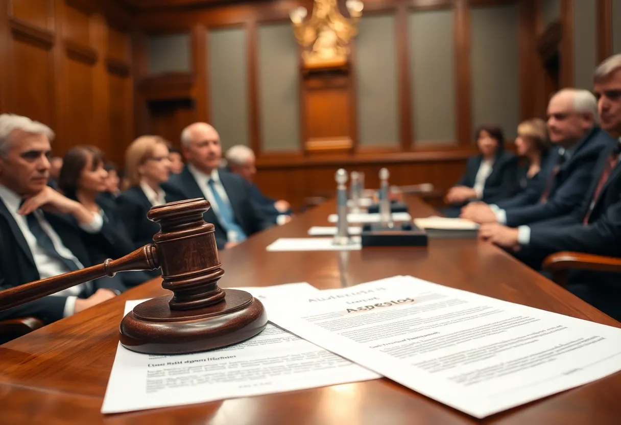 A courtroom scene depicting the ongoing asbestos roof removal case.