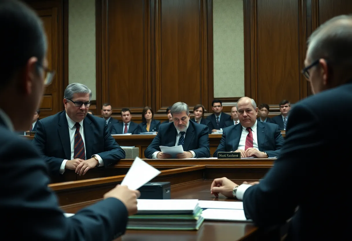 Courtroom scene of the asbestos scandal trial with lawyers and judge
