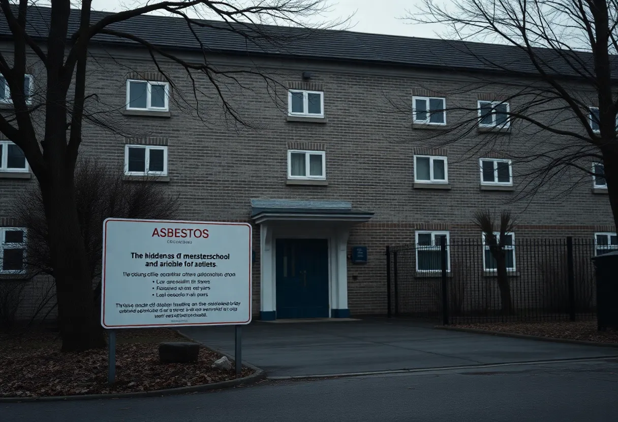 Warning sign about asbestos in a school environment