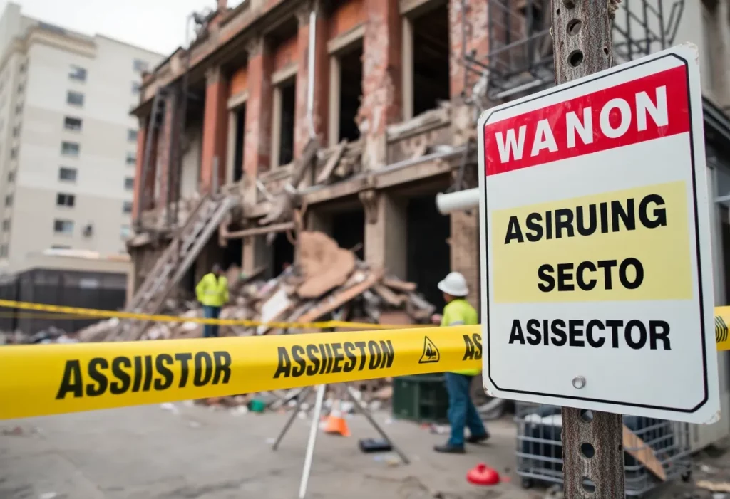 Caution signs for asbestos at a construction site in New Orleans, depicting a demolition project.