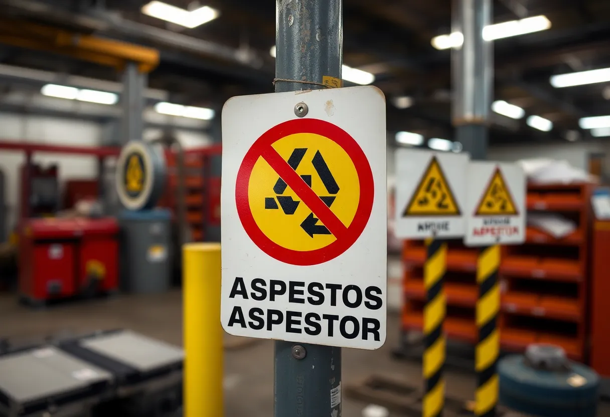 Warning signs for asbestos exposure in a workplace setting.