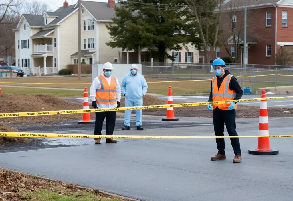 Cleanup crew working at a construction site in Trumbull Center due to asbestos hazard.