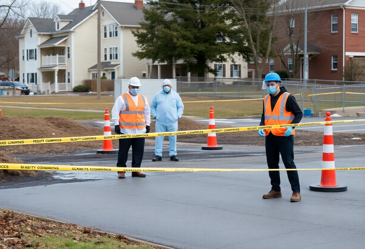 Cleanup crew working at a construction site in Trumbull Center due to asbestos hazard.