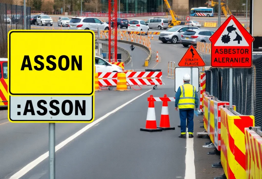 A construction site indicating delays due to asbestos discovery.