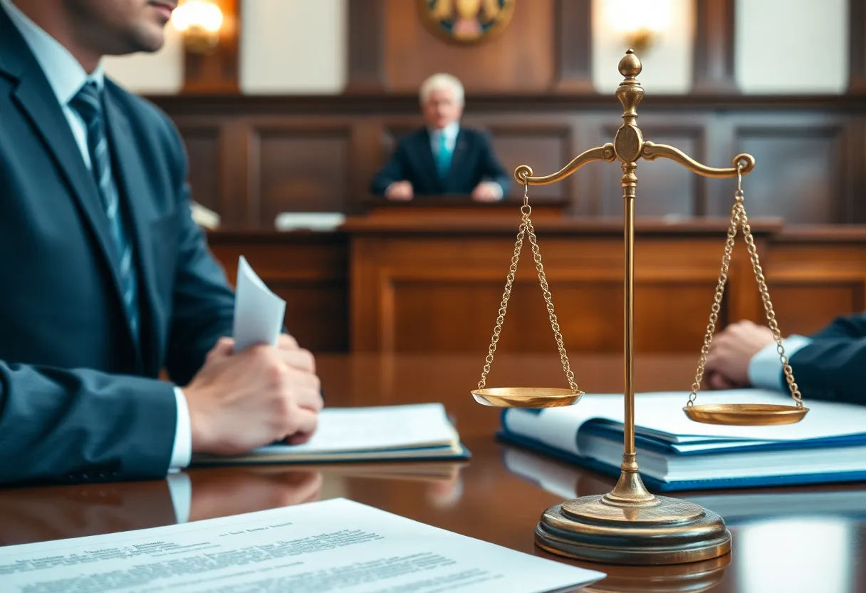 Lawyers in a courtroom discussing Asbestos Liability Case