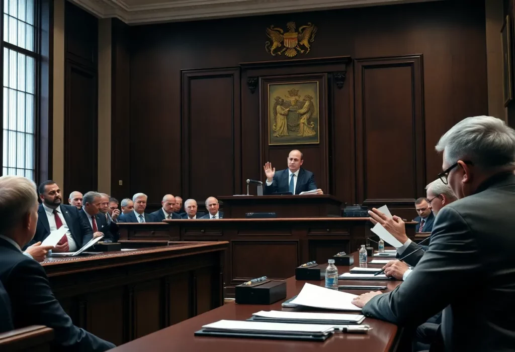 Courtroom scene during the Asbestos Roof Scandal trial
