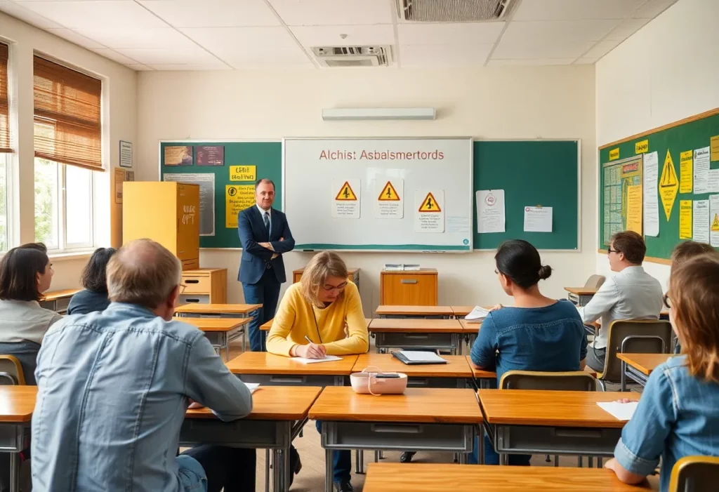 A classroom with asbestos warning signs and parents discussing safety.