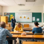 A classroom with asbestos warning signs and parents discussing safety.