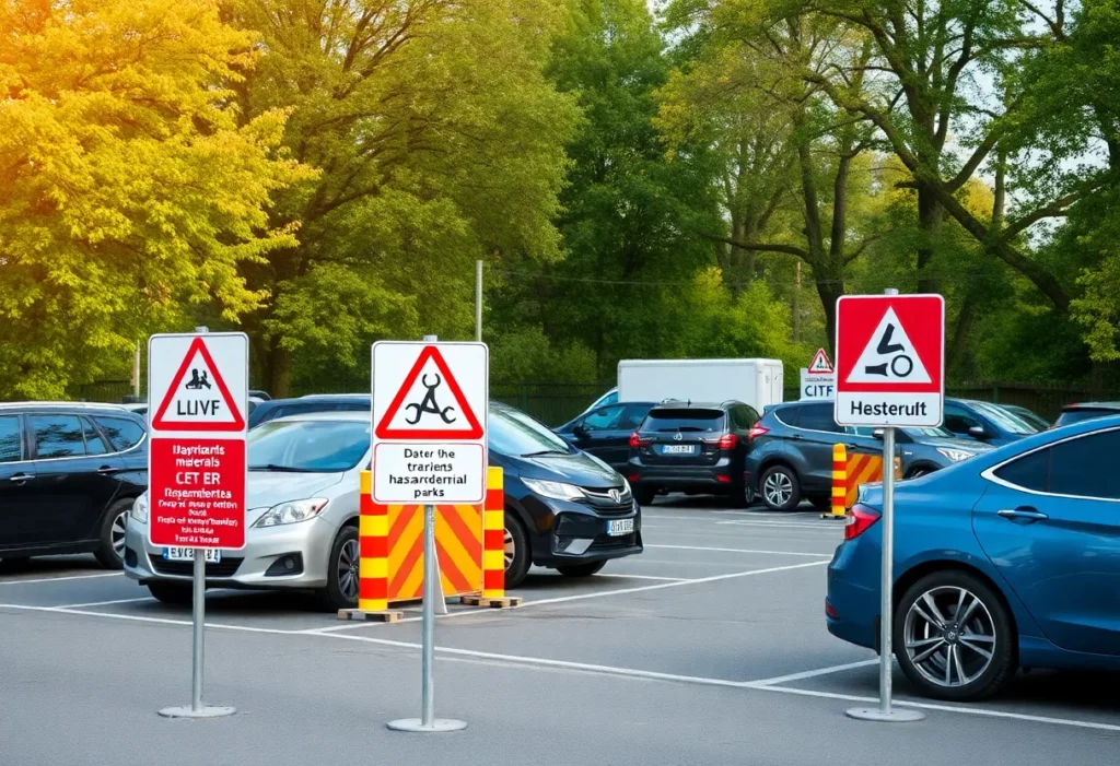 Warning signs in a community car park regarding asbestos exposure and safety regulations.